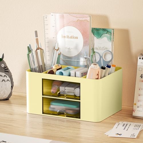 Marbrasse Pen Organizer with 2 Drawer, Multi-Functional Pencil Holder for Desk, Desk Organizers and Accessories with 5 Compartments + Drawer for Office Art Supplies (Yellow) - Image 2