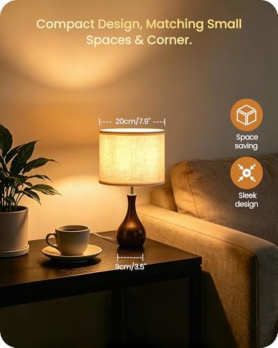 Small Table Lamp, 14.2" Cute Little Desk Lamp, Wood Bedside Lamp with Linen Lampshade, Modern Nightstand Lamp for Bedroom, E26 Base, Bulb Not Included, Beige & Dark Walnut STE09TL05 - Image 2