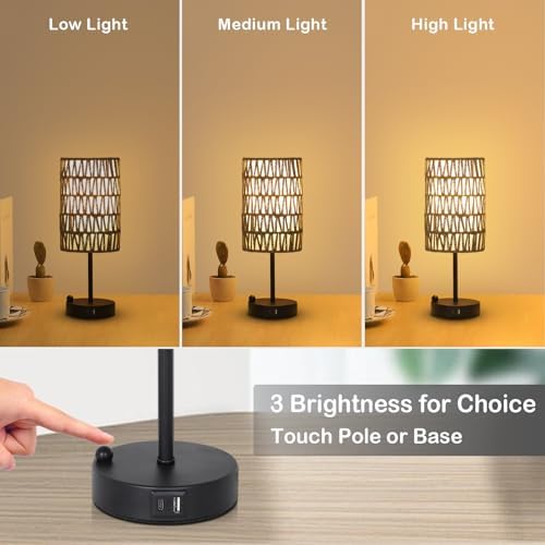 Touch Bedside Lamp For Bedroom with Bulb, Gray Boho Small Table Lamp For Living Room With Rattan & Linen Shade, 3 Way Dimmable Table Lamp For Nightstand With USB Charging Port & Phone Stand For Office - Image 4