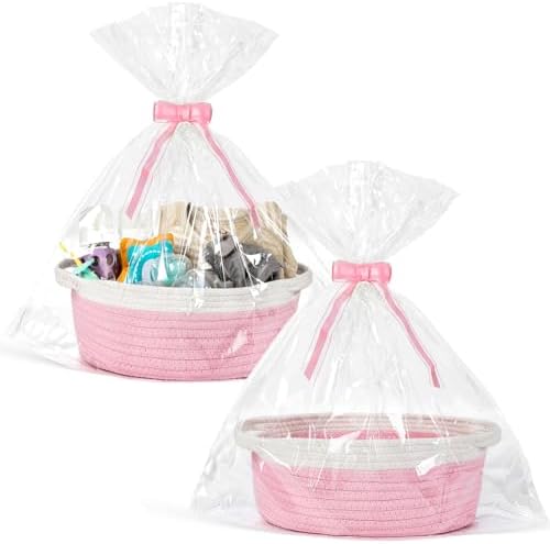 2 Pack Small Woven Basket with Gift Bags and Ribbons, Empty Decorative Gift Chest Box, Cute Baby Gift Basket for Nursery, Cotton Rope Room Shelf Storage Basket with Handles, All 12"x 8"x 5", Pink by MakeLifeBetterEasier