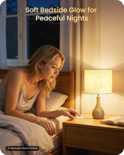 Small Table Lamp, Wood Desk Lamp with Beige Linen Lampshade & Natural Wood Bottle-Shaped Base, Modern Bedside Lamp with Cable, E26 Base, Bulb Not Included, for Bedroom, Kid's Room, ME09TL05 - Image 2