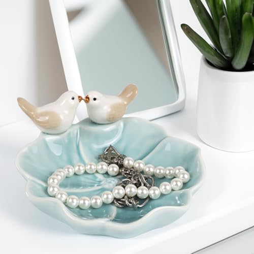 Fordonral Ceramic Jewelry Tray Trinket Dish Decorative Cute Bird & Lotus Leaf Ring Holder Dish Aesthetic Room Vanity Decor (Blue) - Image 6