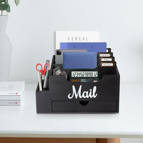 Wood Mail Organizer Countertop, with 6 Compartments and Drawer - Image 3