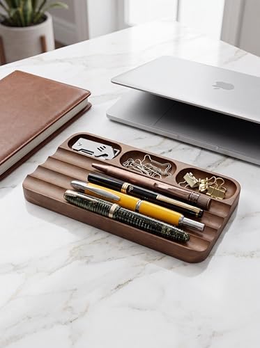 Horizontal Pen Holder,Acacia Wood Pen Tray,Desktop Pen Display,Walnut Desk Tray,Paperclip Headphones Eraser Office Stationery Storage,Brown - Image 5