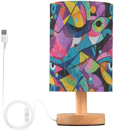 Fustylead Abstract Graffiti Style Eye Table Lamp for Bedroom USB Port Lamps Small Accent Table Lamp Nightstand Lamp Sturdy Linen Shade Wooden Base Decorative Lamps for Bedside Reading|Kids|Dorm|Home by Fustylead