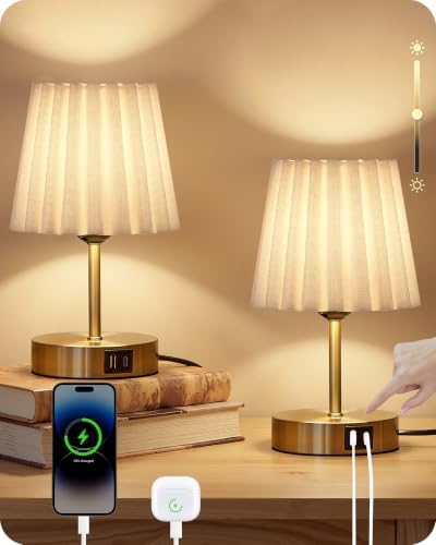 Small Bedside Table Lamps Set of 2, Touch Dimmable Table Lamps with USB Ports, Nightstand Lamps with 2 Stepless Dimming LED Bulbs, E26 Base, for Bedroom, Study, Gold and White DW16TLP205 by GOEBLESON