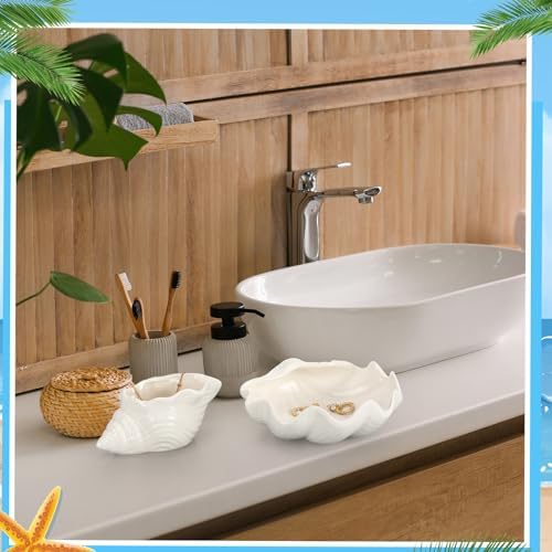 Teenyyou 3 Pcs Ceramic Seashell Jewelry Holder Conch Seashell Bowl, White - Image 5