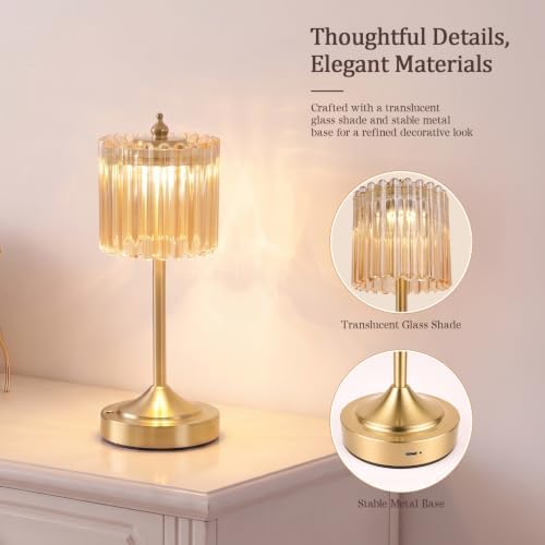 Cordless Table Lamp, Rechargeable Gold Glass Touch Lamp - Image 5