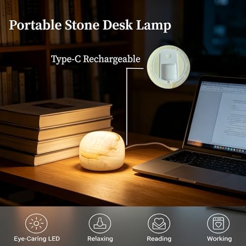 Natural Marble Lamp Cordless Touch Control Night Light 3-Way Dimmable Pat Light LED Ambient Glow Lamp Type-C Rechargeable Portable Stone Bedside Desk Lamp Zen Home Decor(3.94x3.94x3.15in) - Image 5