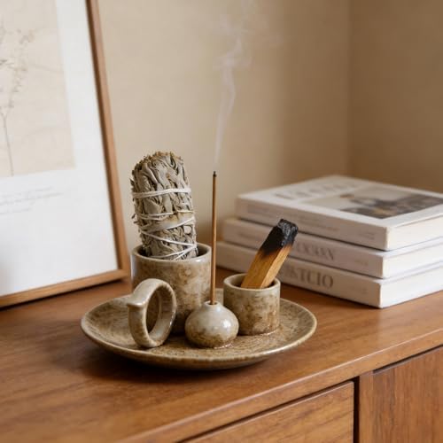Tnstbiee 4.1 Inch 5-in1 Brown Ceramic Smudge Bowl,Versatile Incense Holder - Image 5