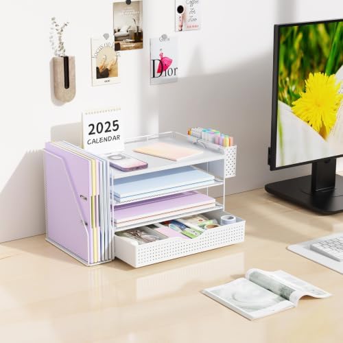 gianotter Wood Desk Organizers and Accessories with File Holder, 4-Tier Desk Accessories & Workspace Organizers with Drawer and Pen Holder, Desk Reference Organizer (White, 4T with Drawer) - Image 3