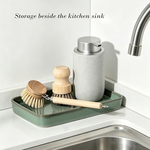 10"×6"×1" Bathroom Vanity Tray for Countertop- Ceramic Decorative Organizer Tray for Dresser Tops, Toilet, Perfume, Sponge Holder Soap Dish Dispenser for Kitchen Counter- Kiln-Transformed Green - Image 3
