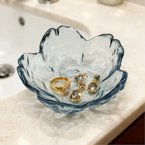 Flower Ring Dish Jewelry Tray, Glass Jewelry Dish Tray, Aesthetic Room Decor Small Trinket Dish, Nightstand Jewlery Ring Holder Dish, Bathroom Jewelry Plate Bowl for Rings Earrings Wife Gift (Blue) - Image 4