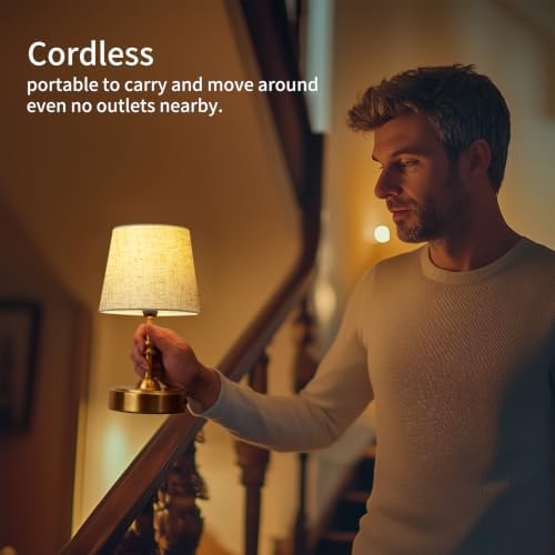 ONEWISH Small Cordless Lamp, Battery Operated Table lamp Dimmable, 4000mAh Rechargeable, Touch Bedside Lamp with Beige Linen Fabric Shade, 2700K Bulb Included, for Dining, Patio, Bathroom(Gold) - Image 2