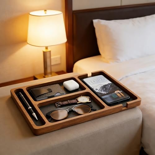 Wooden Valet Tray with Leather Inlay, Office Desk Organizer Tray, Nightstand Storage Tray, Multi-Purpose EDC Jewelry Storage Tray for Keys, Wallet, Watch, Phone & Earbuds (Light Wood) - Image 3