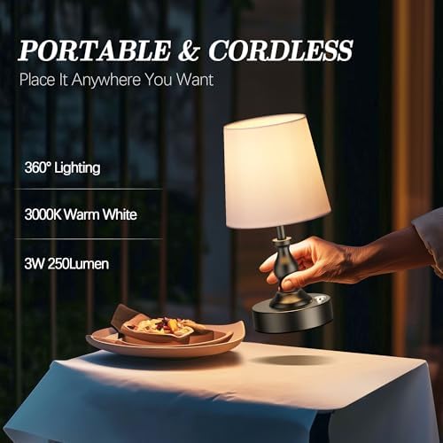 PARTPHONER Mini Cordless LED Table Lamp, 5200mAh Rechargeable Battery Operated Lamp, 3-Level Brightness, Touch Dimmable Desk Lamp, Bedside Night Light for Patio Camping Restaurant Home, Matte Black - Image 4