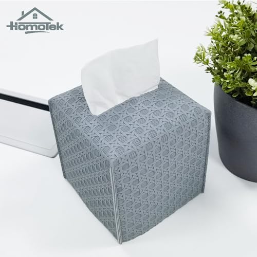 HOMOTEK 1 Pack Tissue Box Cover, Square PU Leather Tissue Holder, Decorative Facial Tissue Cube Paper Organizer Dispenser for Bathroom, Night Stands, Desk, Car 5X5X5'' - Rattan Weave, Light Gray - Image 5