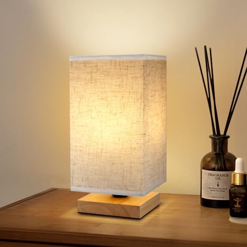 Small Square Bedside Table Lamp for Bedroom, Minimalist Wood Base & Round Fabric Shade, Mini Cute Cozy Warm Nightstand Boho Lamp, Study Desk Night Stand Light for Room, Dorm, Nursery, Living Room by UCHENTON
