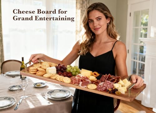 Large Charcuterie Board with Metal Handles – 32" Acacia Wood Serving Board for Cheese, Meat & Appetizers – Extra Long Kitchen Platter for Gatherings, BBQ & Home Decor - Image 2