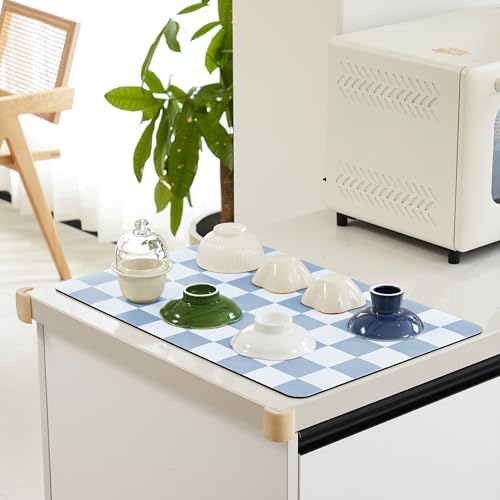 Ohocut Checkered Dish Drying Mat for Kitchen Counter, Coffee Bar, Coffee Station Accessories, Retro Cute Aesthetic Modern Absorbent Drainer Mat Kitchen Drying Mat Easy Clean, Blue 16" x 24" - Image 3