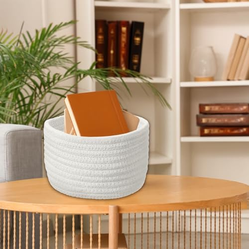 uxcell White Small Cotton Rope Woven Storage Basket, Shelf Closet Storage Gift Woven Baskets Cute Nursery Box Bin Decor Organization Bin for Home Supply, Round, 6.3x4.4 - Image 7