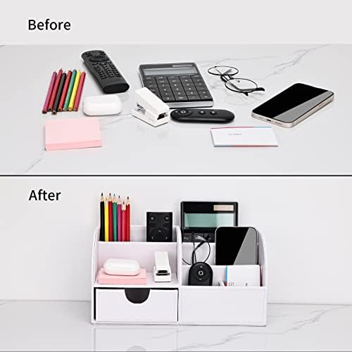 KINGFOM Pu Leather Desk Organizer Pen Pencil Holder Office Supplies Caddy Storage Box 6 Compartments with Drawer White (Full Pu Leather) - Image 7