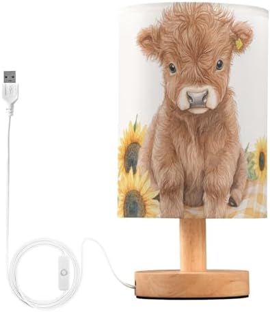 Cute Watercolor Highland Cow Sunflower Bedside Table Lamps with USB Port for Bedroom LampSmall Nightstand Lamp Sturdy Linen Shade Wooden Base Decorative Lamps for Nursery Kids Reading Dorm Home by Fustylead