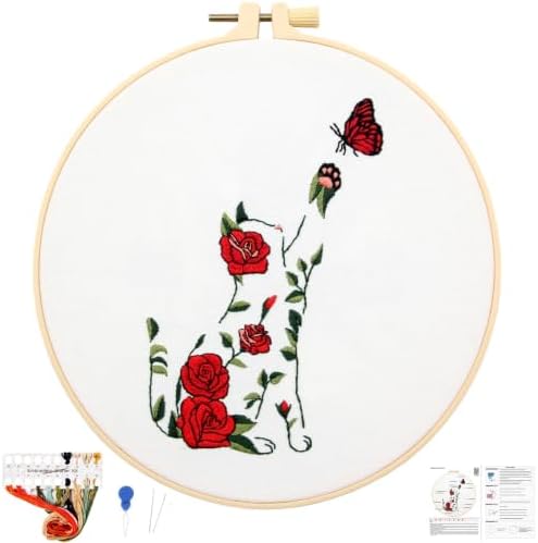 Flowers Cat Embroidery Kits for Beginners Adults, Cute Hand Embroidery Starters Kits, Floral Stamped Cross Stitch Kits Needlepoint Kits for Beginners Adults, Embroidery Hoop, Thread and Video Tutorial by Unknown