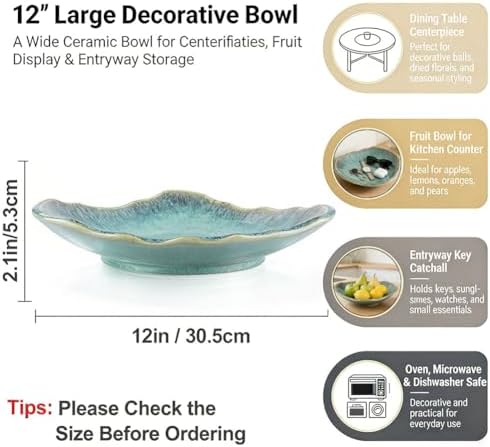QIANLING 12" Green Decorative Bowl, Large Ceramic Fruit Bowl for Kitchen Counter, Decorative Large Shallow Ceramic Serving Bowl, Key Bowl for Entryway Table, Teal Tray for Home Decor - Image 2