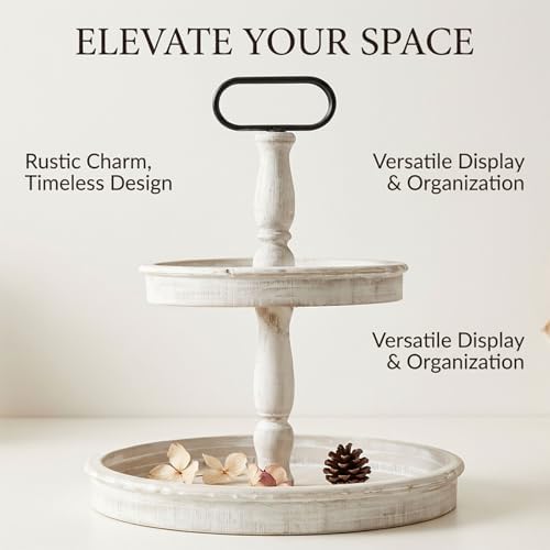 Krismax Decorative Trays - Two Tiered Tray Stand Rustic Tiered Tray Decor 2 Tiered Tray Serving Tray Seasonal & Holiday Decoration Wooden Tray for Coffee Table Farmhouse Display Stand Tray - Image 2