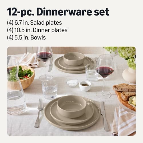 Amazon Basics Glazed Stoneware Dinnerware, 12-Piece Set, 4 Full Place Settings, Dishwasher-Safe, Microwave-Safe, Linen Gray - Image 2
