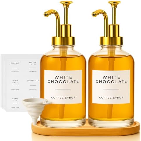 2 Pack 16oz Glass Coffee Syrup Dispenser with Gold Pump, Elegant Coffee Bar Accessories with Labels, Reusable Syrup Bottles for Kitchen, Café & Home Decor by TECHSHARE%C2%AE