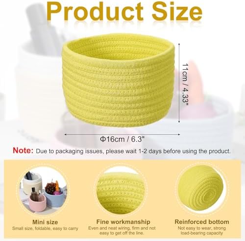 uxcell Yellow Small Cotton Rope Woven Storage Basket, Shelf Closet Storage Gift Woven Baskets Cute Nursery Box Bin Decor Organization Bin for Home Supply, Round, 6.3x4.4 - Image 2
