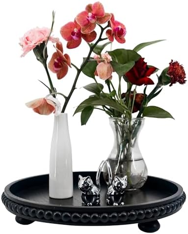 FramePro Decorative Tray 12in Round Wood Beaded - Black Serving Tray Risers for Living Room, Coffee Table, Kitchen or Farmhouse Display by FramePro