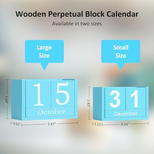 Wooden Block Calendar for Desk, Small Size Daily Desktop Perpetual Desk Calendar, Cute Date Display Desk Accessories for Home Office Decor, Teacher, Classroom, Reusable Yearly, Blue - Image 3