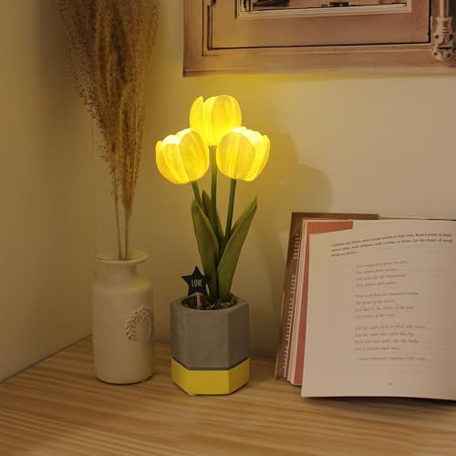 Cordless Flower Table Lamp, LED Battery Operated Portable Light, 2 AA Batteries Included, Bedroom Livingroom Home Decor Night Light, Korean Designer Floral Lamp, Yellow by VIAKSTUDIO
