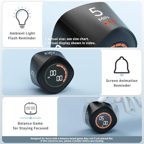 VEWINGL Cube Productivity Timer, 25/5/10/45 Min Presets, Desk Flip Timer for Pomodoro Study Sessions, Vibration & Custom Modes for ADHD, Work, Study & Kitchen (Black) - Image 6