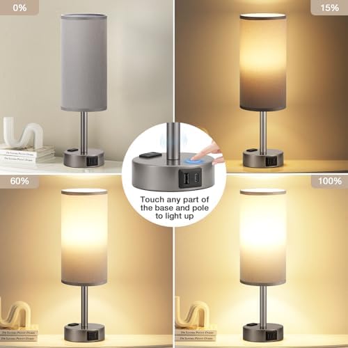 Fenmzee Grey Bedside Lamp for Bedroom, Dimmable Touch, USB A+C, AC Outlet - Image 4
