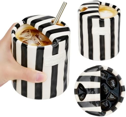 Ceramic Coffee Mug Novelty Ceramic Travel Mug Cute Espresso Cups To Go Anthropologie Latte Cups Aesthetic Grey Pottery Mugs With Sip Hole 10oz Clay Striped Vintage Handmade Coffee Cup for Home by Unknown
