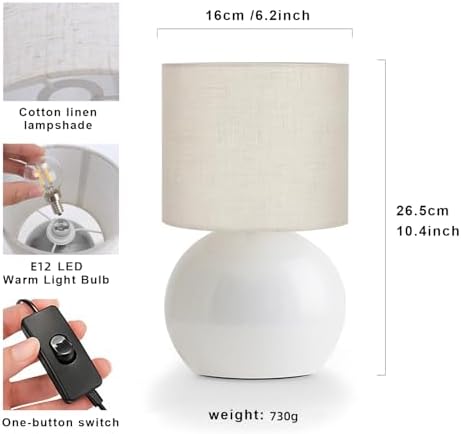 Small Table Lamp for Bedroom, Bedside Nightstand Lamp Set of 2, Minimalist Metal Desk Light with Linen Lampshade, W6.3H10.4 Inch, Including Light Bulb, White - Image 6