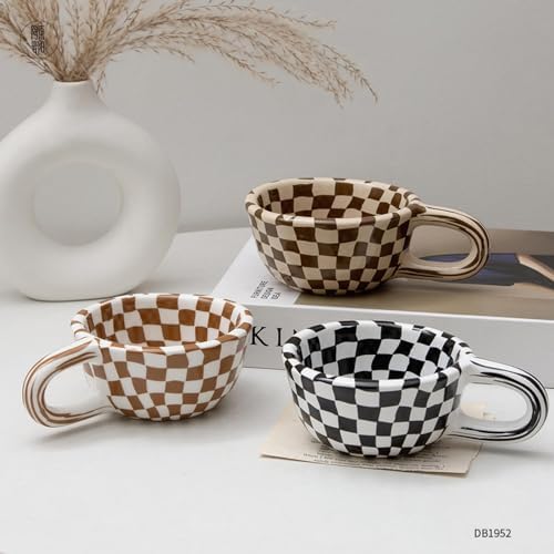 6.8oz Irregular Ceramic Coffee Mug, Brown Checkered - Image 2