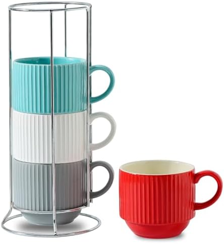 HASENSE Ceramic Coffee Mug Set of 4 with Rack - 15 oz Stacking Ribbed Latte Cups Set for Cappuccino, Tea, Hot Cocoa, Drinks - Wedding & Housewarming Gifts Assorted Colors by Hasense