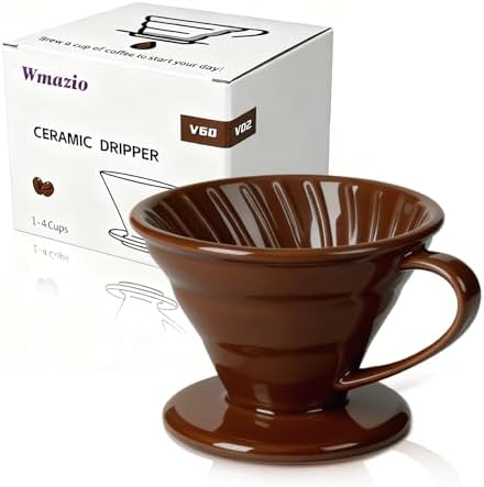 Pour Over Coffee Dripper - Ceramic Cup, Pour Over Coffee Maker Cone, Porcelain Cone, Easy Manual Brew Maker - Strong Flavor Brewer for Home, Cafe, Office - 1-4Cup, V60 Size 02 (Brown) by Wmazio