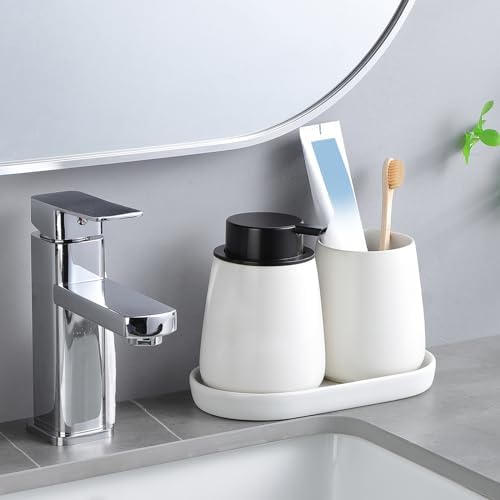 White Round Soap Dispenser Tray - 8'' Ceramic Vanity Tray for Bathroom Decorative, Jewelry Ring Dish, Comestic Holder, Kitchen Sink Countertop Organizer Plate - Image 2