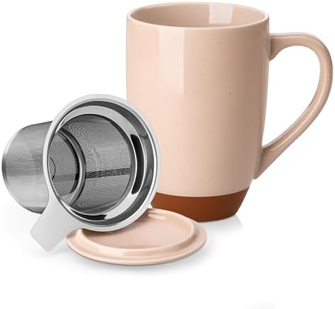 MALACASA Ceramic 18 oz Tea Mug with Lid and Infuser, Khaki Pink by MALACASA