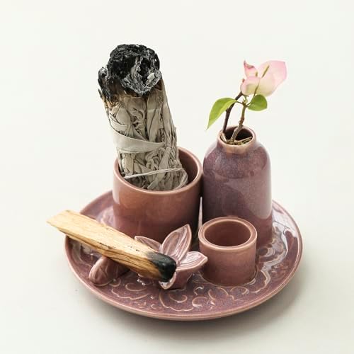 Purple Incense Holder for Sticks, 5.1 Inch Ceramic Incense Holder with Ash Catcher – 4 in 1 Smudge Bowl for Sage and Palo Santo, Reiki Supplies for Meditation Yoga Home Decor - Image 4