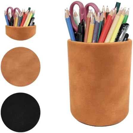PU Leather Pen Holder Desk 3.94-inch Tall Pencil Cup Organizer - Image 2