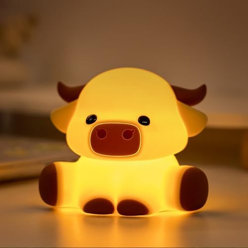 Cute Highland Cow Rechargeable Night Light, LED Touch Silicone Lamp for Bedroom with 7 Colors Timer and Dimmable Squishy Warm Night Lights, Novelty Animal Lamp for Nursery Birthday Gift by Gemmac