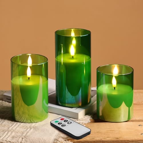Eywamage Green Glass Flameless Pillar Candles with Remote, Flickering Spring Battery LED Candles Holiday Decor Set of 3 by EywamageCandles
