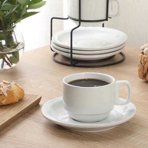 Gibson Home Gracious Dining 7-Ounce Cappuccino Cups Set of 4, Stackable Coffee Cups with 4 Saucers, Metal Stand, Coffee Mugs for Latte, Café, Mocha, Tea - Image 3